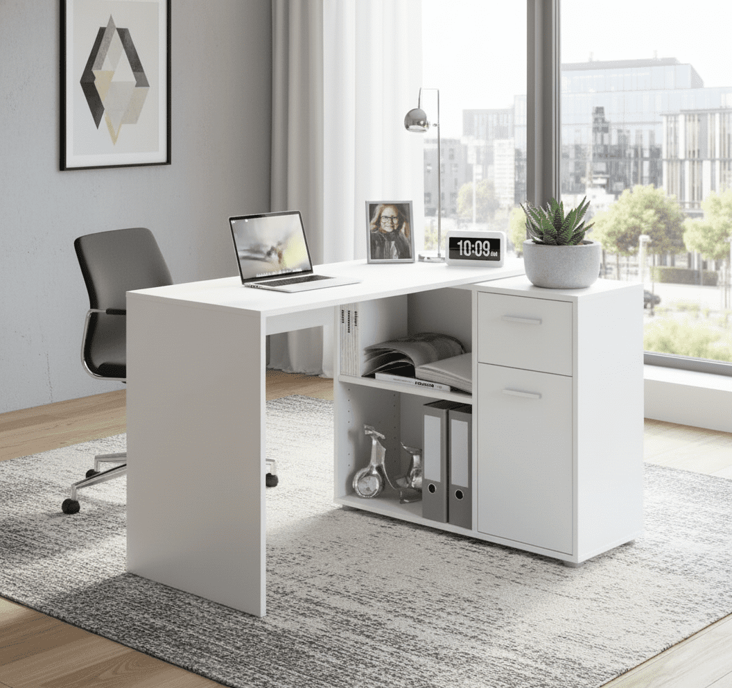 A modern white L-shaped corner desk in a bright home office setting, featuring a laptop, framed picture, digital clock, potted plant, and storage shelves.