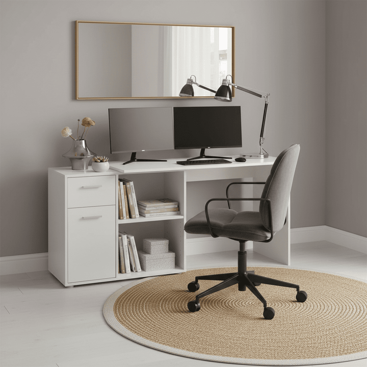 A modern home office setup featuring a white L-shaped desk with open shelving, a gray office chair on a round woven rug, dual computer monitors, and a black desk lamp against a light gray wall.