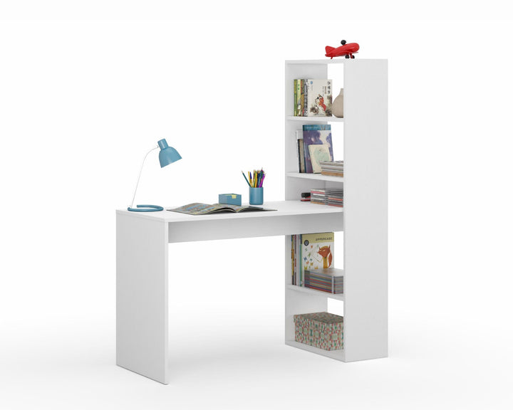 Matt white computer desk with bookcase