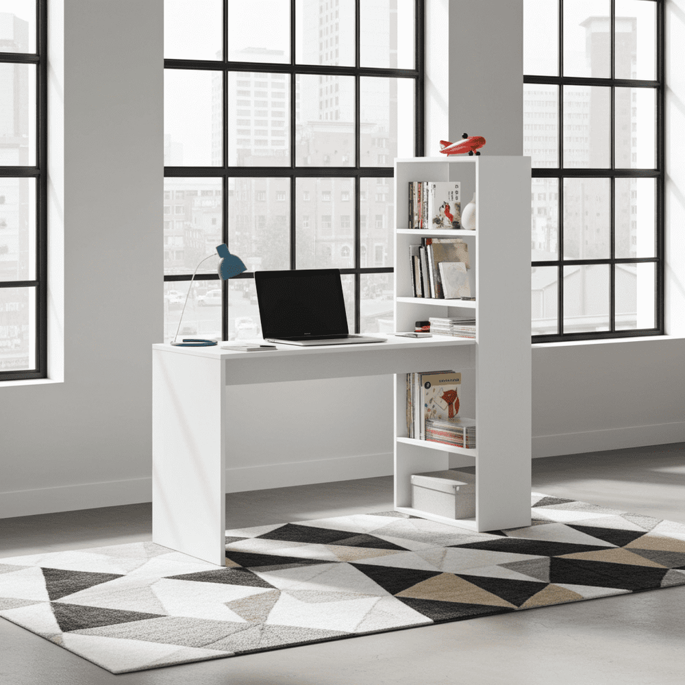 White office desk with shelving