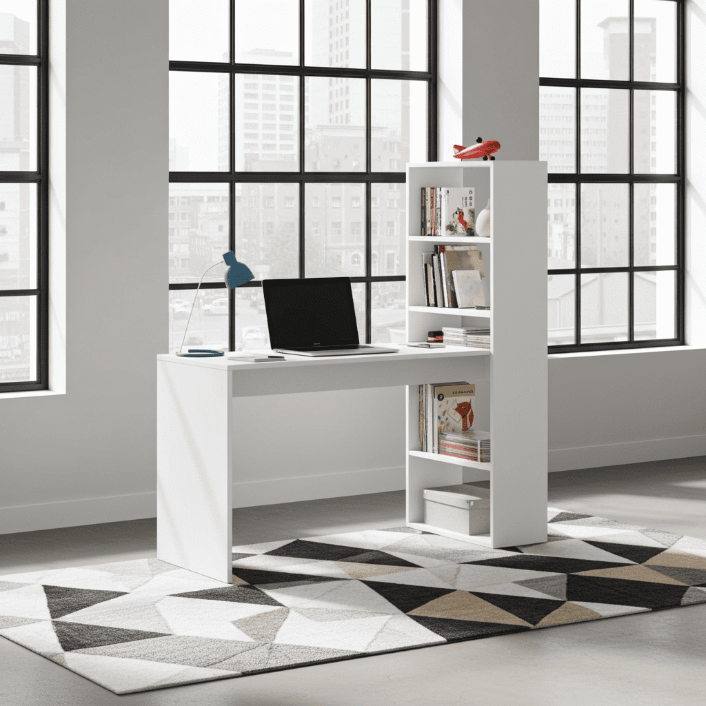 White office desk with shelving