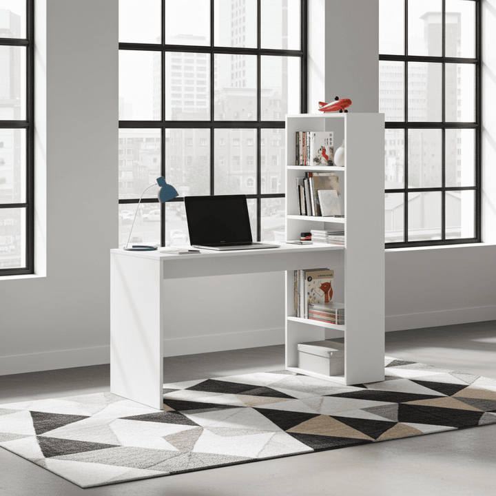White office desk with shelving