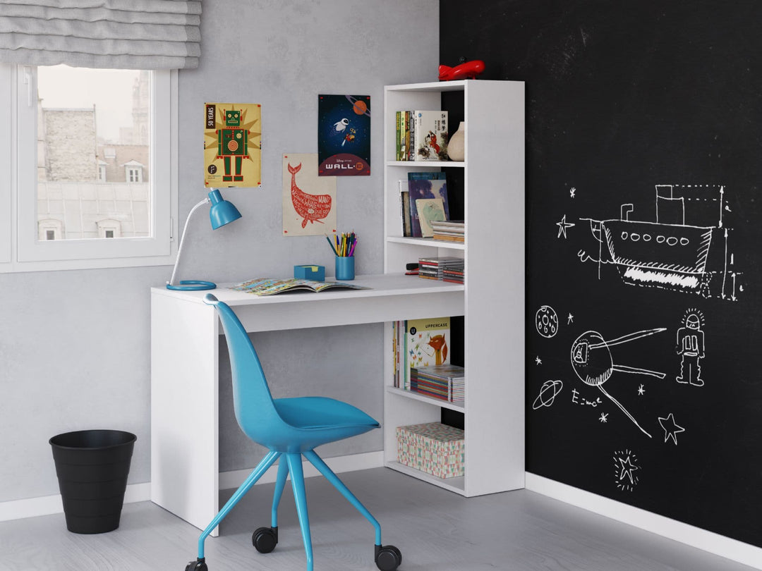 Matt white desk with bookcase