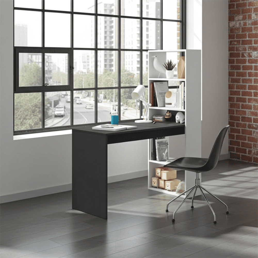 Modern office setup with a desk, chair, and bookshelf against a large window.