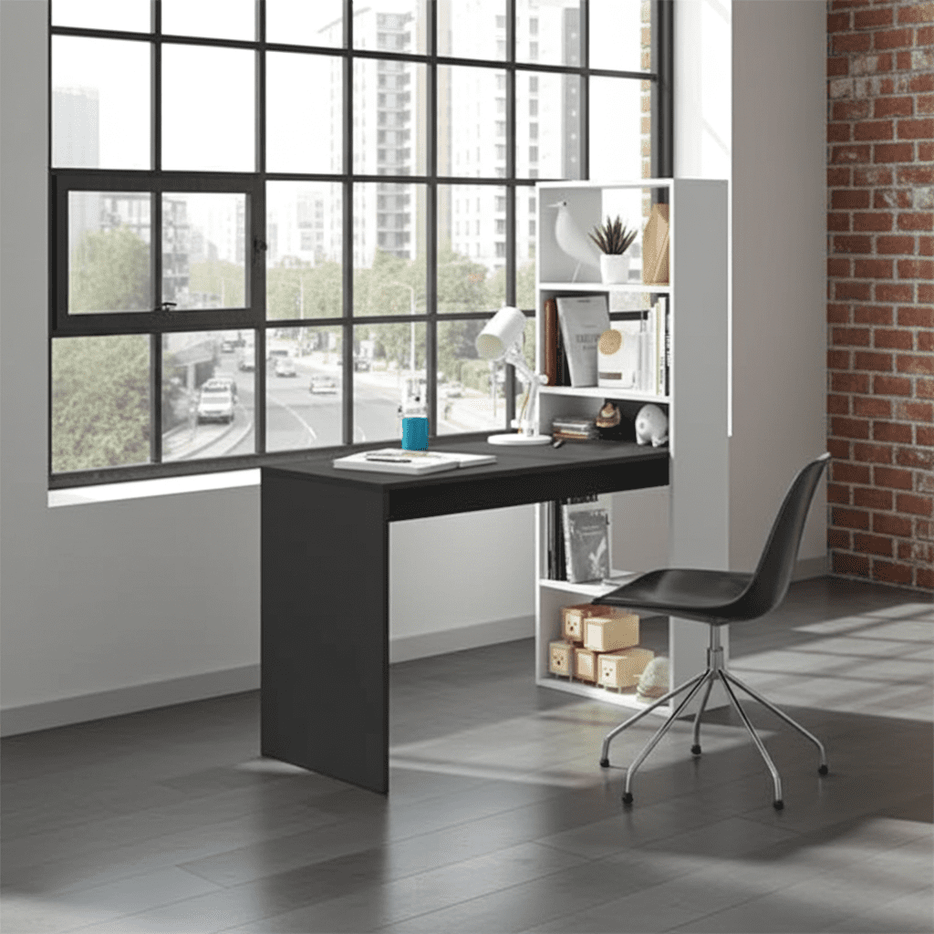 Modern office setup with a desk, chair, and bookshelf against a large window.