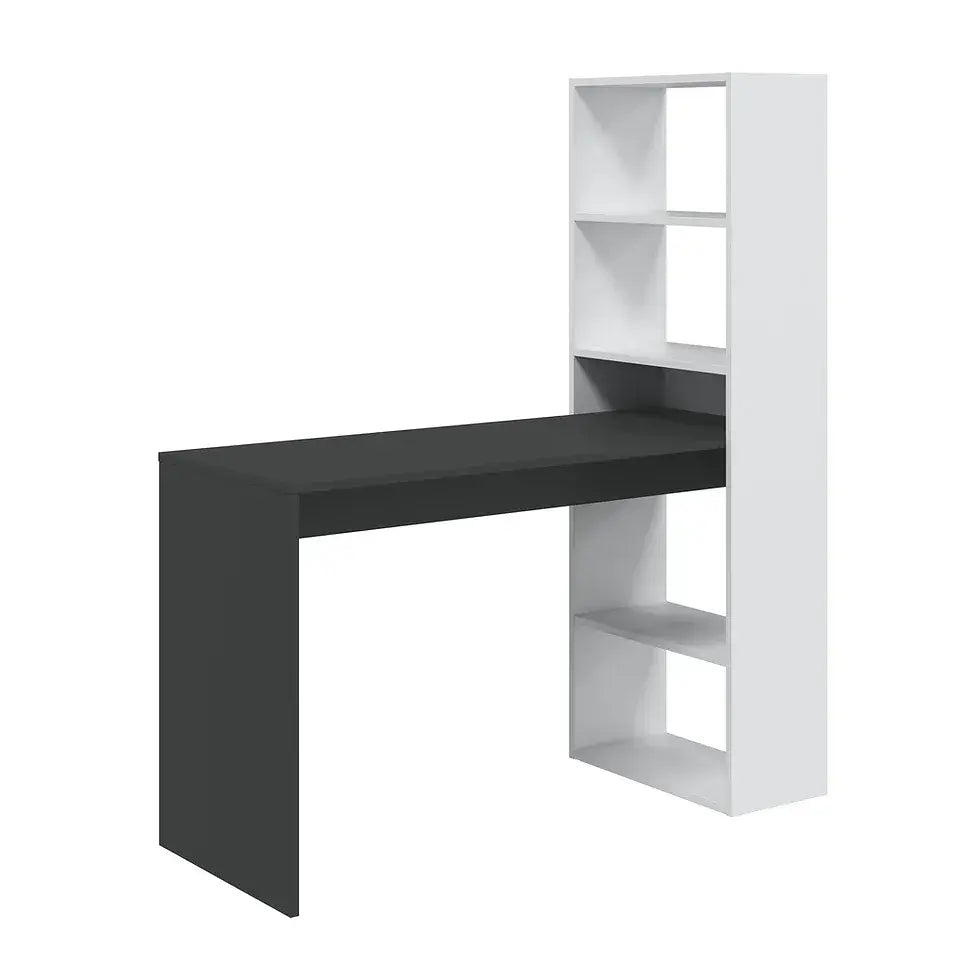 Black desk with white bookshelf on a white background
