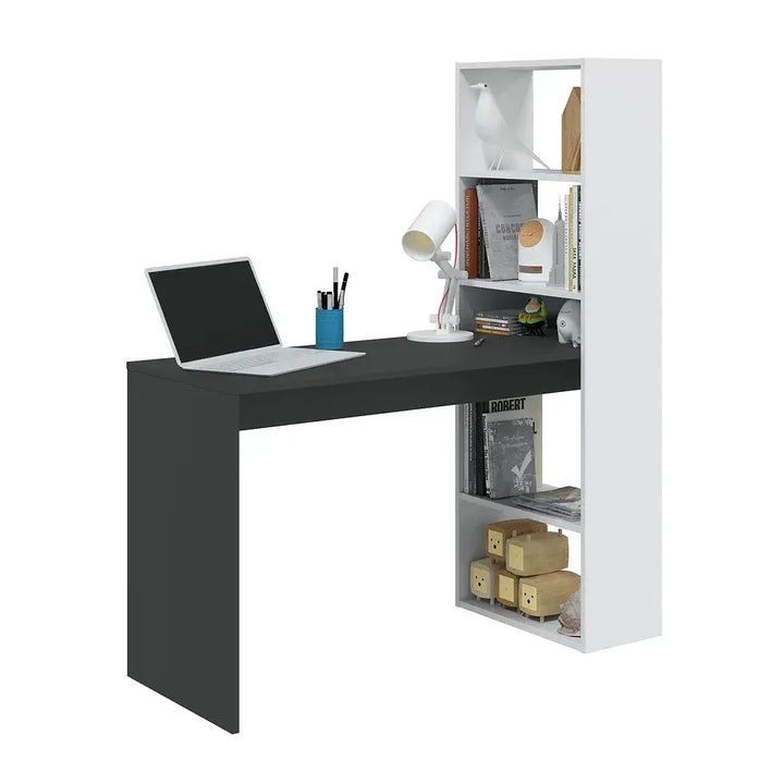 Black desk with white bookshelf and office items on a white background