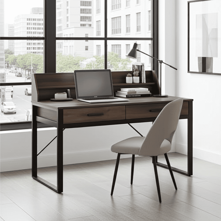 Modern office desk with a chair in a room with large windows.