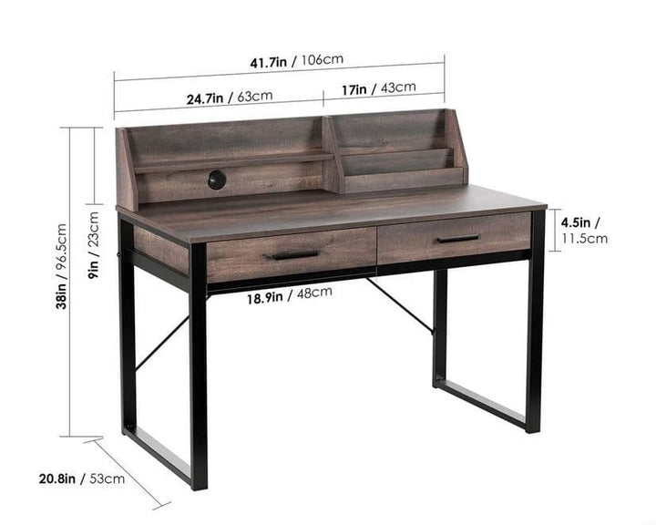 Wooden desk with dimensions labeled on a white background