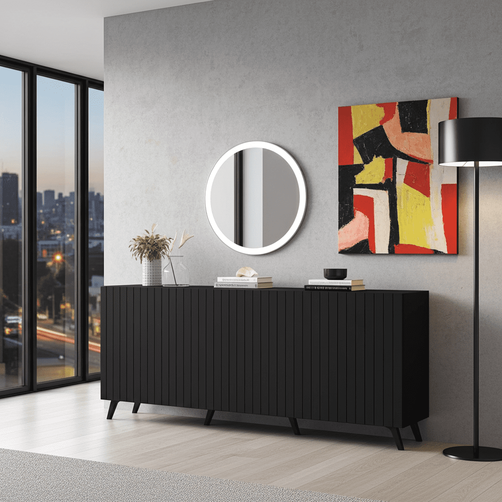Modern interior with a black sideboard, round mirror, and abstract painting.