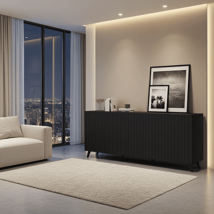 A modern living room scene featuring a black ribbed sideboard console with framed black-and-white artwork on top, set against a warm beige wall with recessed lighting. A cream sofa, light rug, and floor-to-ceiling windows showing a city skyline at night are also visible.