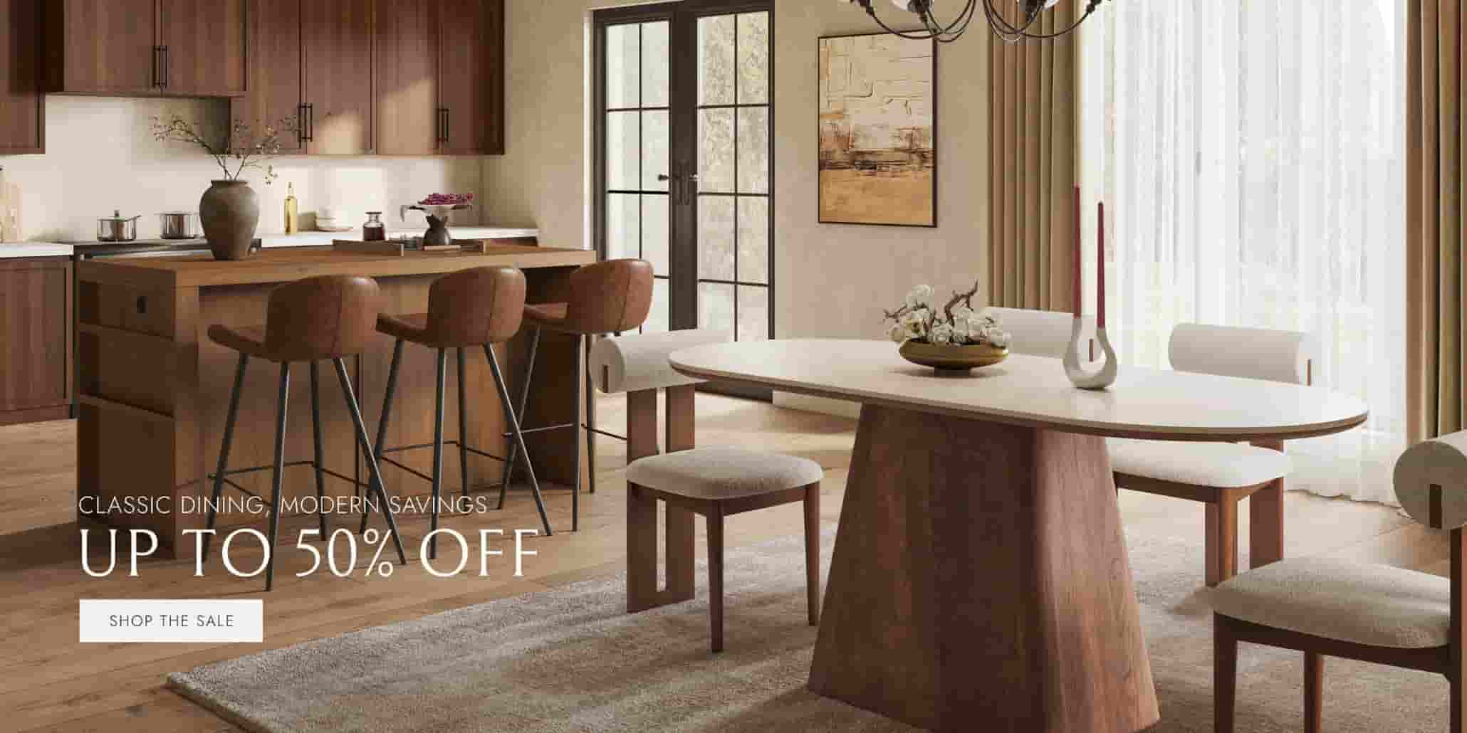 Dining room with wooden table and chairs, promotional text for sale.