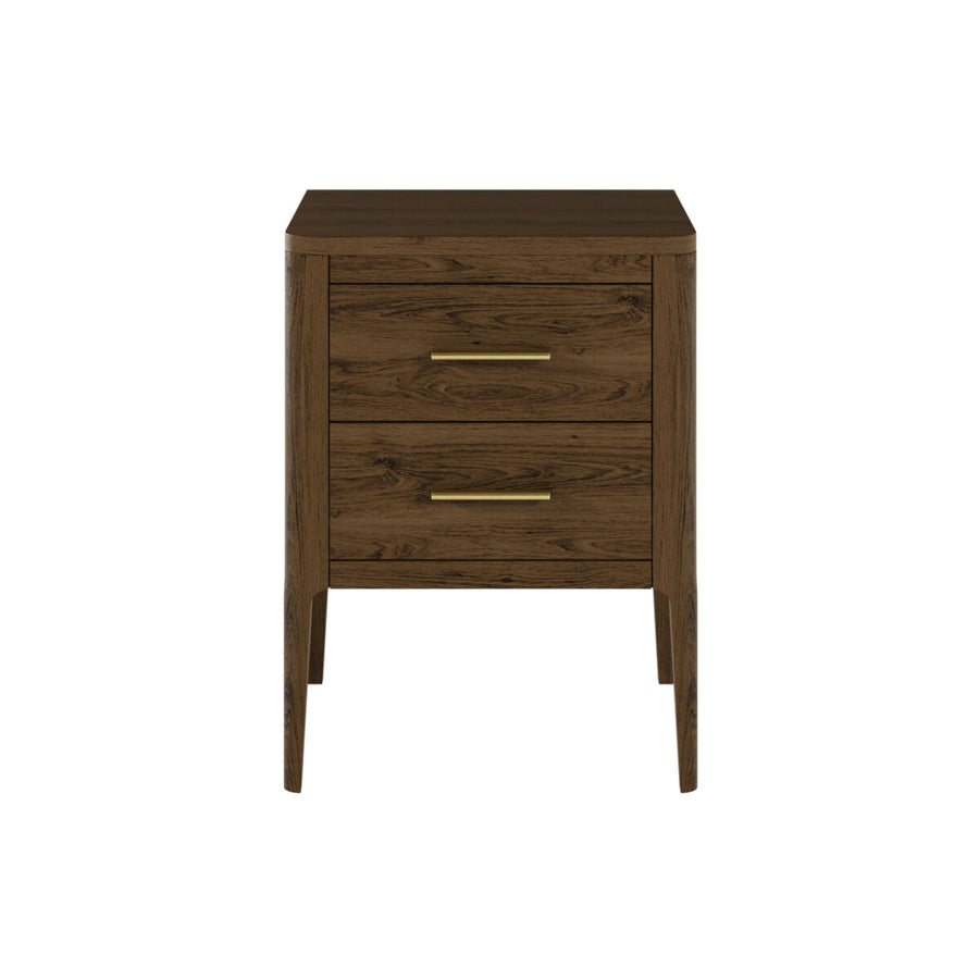 Wooden nightstand with two drawers on a white background