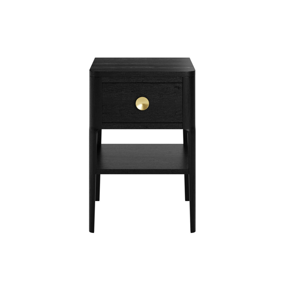 Black nightstand with a gold knob on a white background