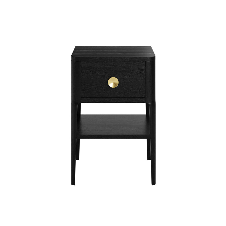 Black nightstand with a gold knob on a white background