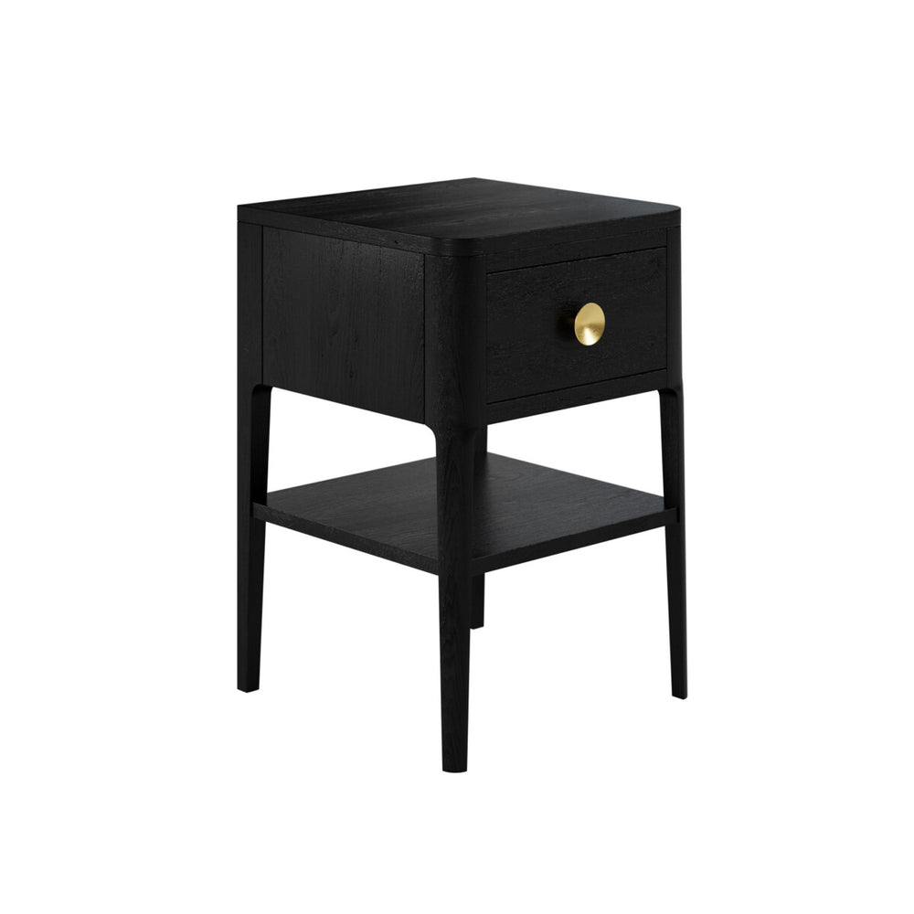 Black nightstand with a gold handle on a white background
