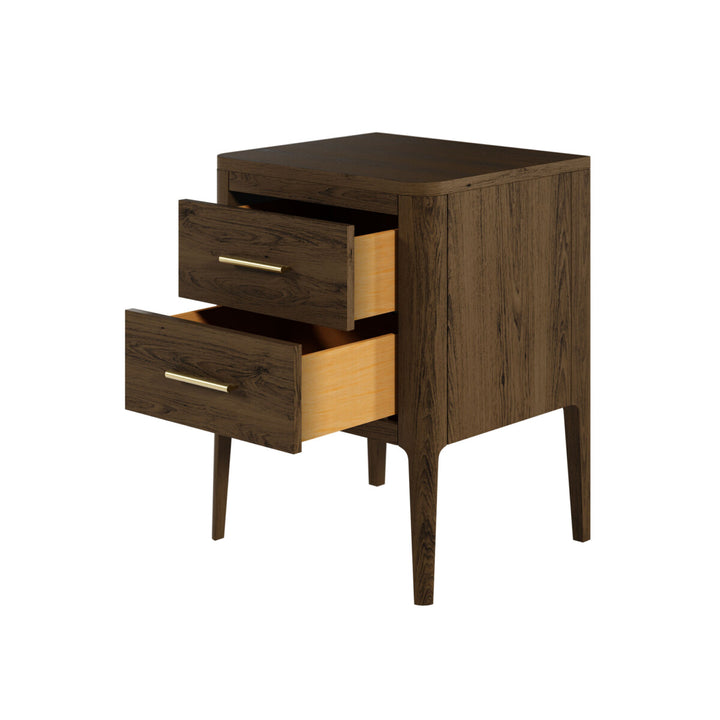 Wooden nightstand with two drawers on a white background