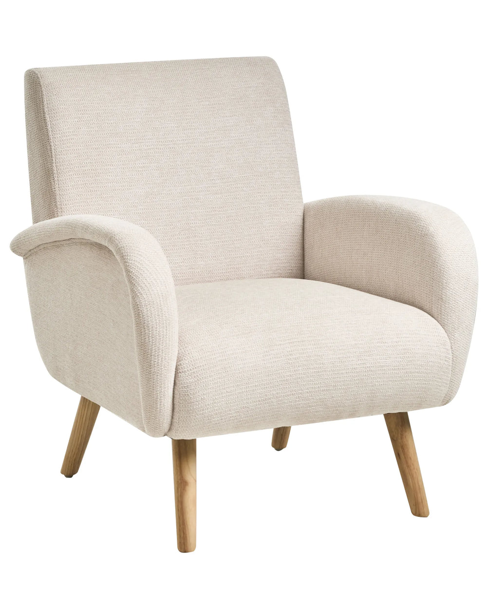 Beige armchair with wooden legs on a white background