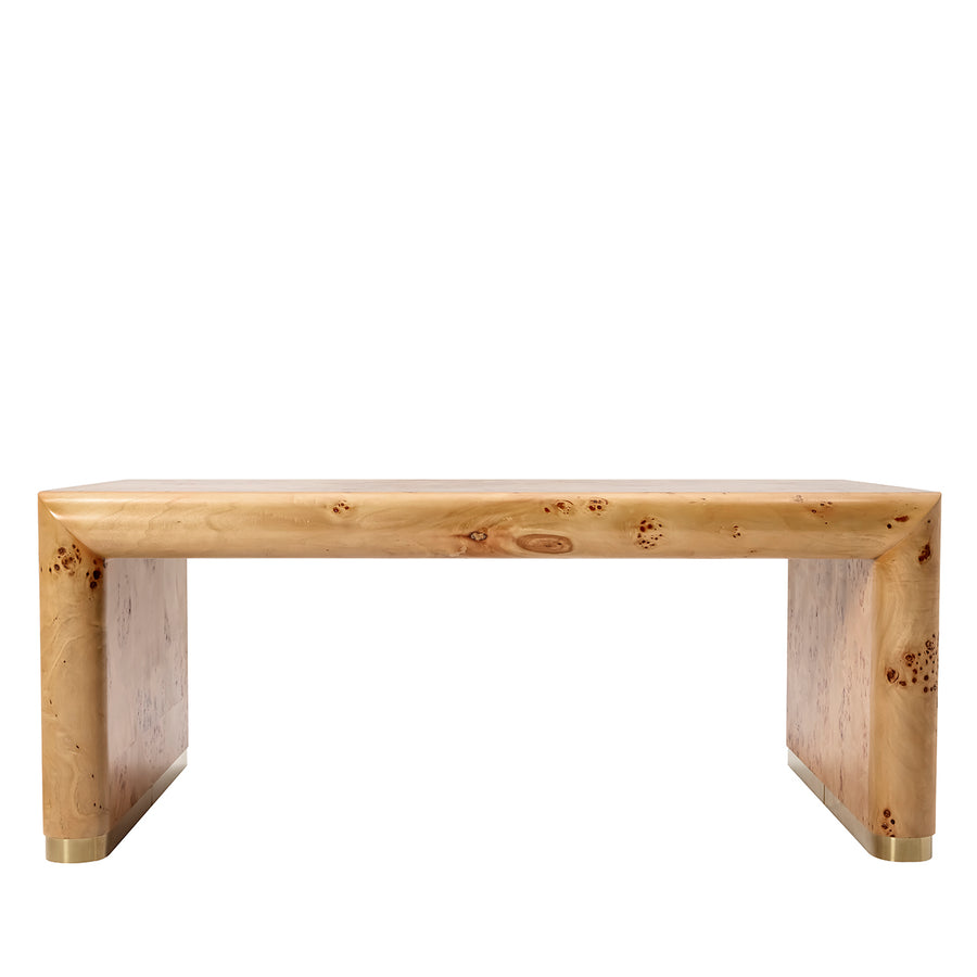 A modern low wooden bench with thick blocky legs and a rounded rectangular top, crafted from light tan wood with prominent natural burl grain patterns, shown against a plain white background.