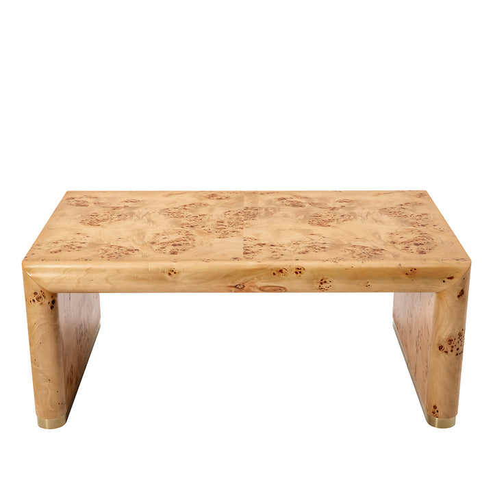 A rectangular coffee table made from natural burl wood with a light tan and beige grain pattern, featuring rounded corners and a thick base, shown against a plain white background.