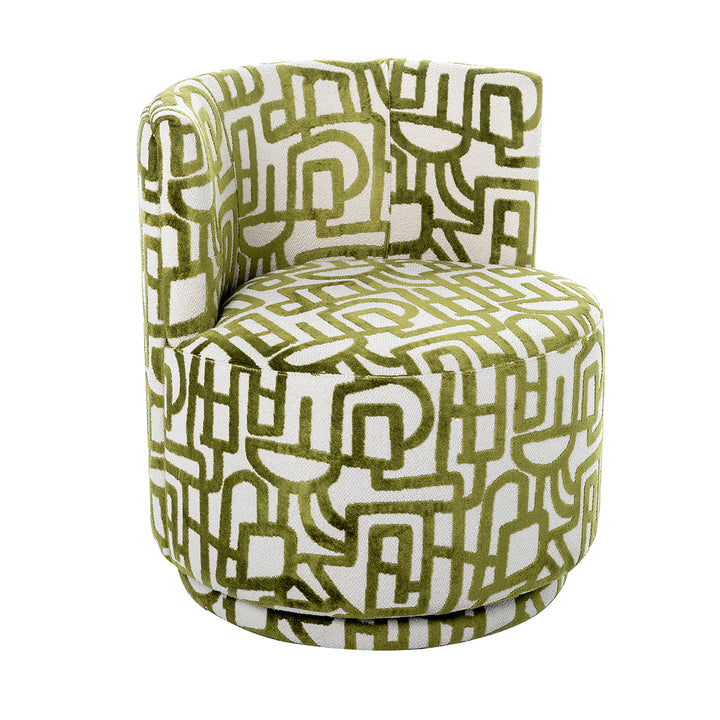 Patterned chair with green and white geometric design on a white background