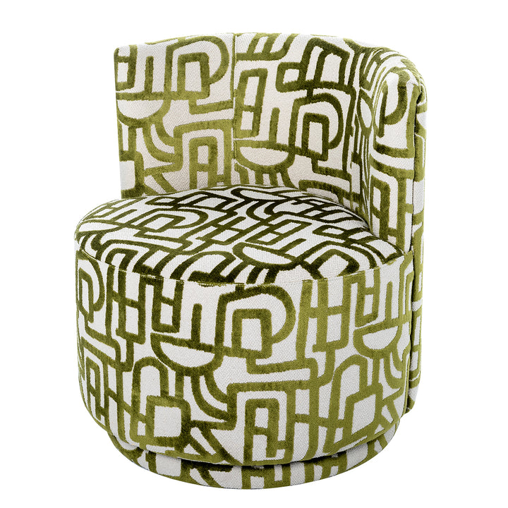 A modern barrel-style accent chair upholstered in a textured fabric with an abstract geometric maze pattern in olive green and off-white.