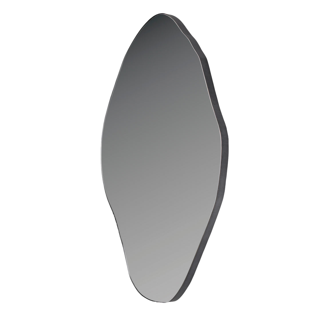 An irregular organic-shaped wall mirror with a dark gray textured frame, shown against a solid white background.