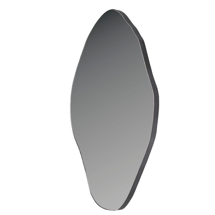 An irregular organic-shaped wall mirror with a dark gray textured frame, shown against a solid white background.