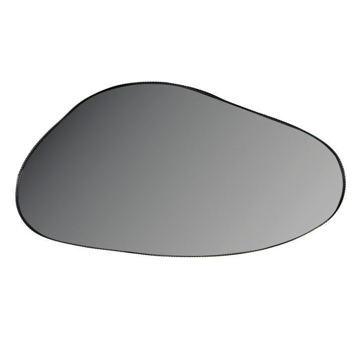 An irregularly shaped dark gray tinted car window mirror with a black border, shown on a plain white background.