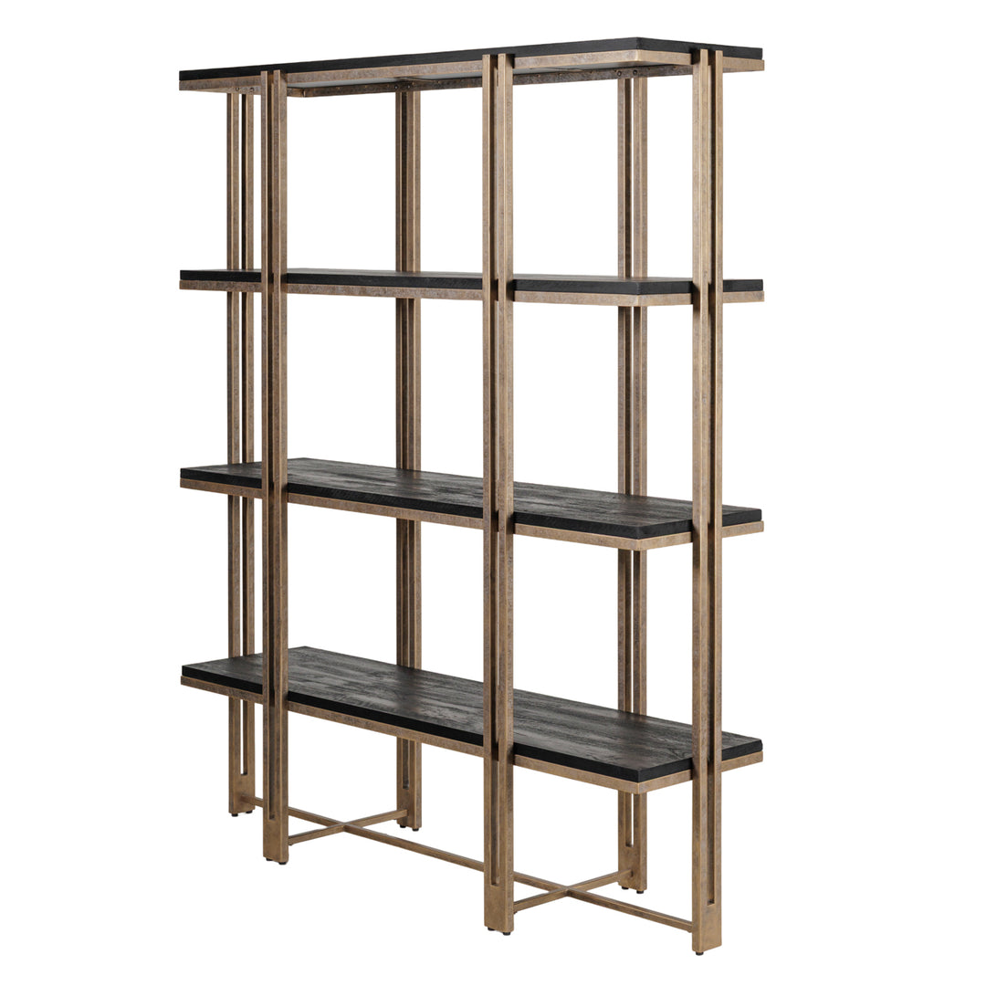 Bookshelf with wooden shelves and metal frame on a white background