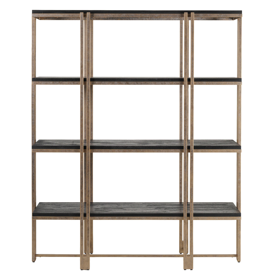 Bookshelf with metal frame and wooden shelves on a white background