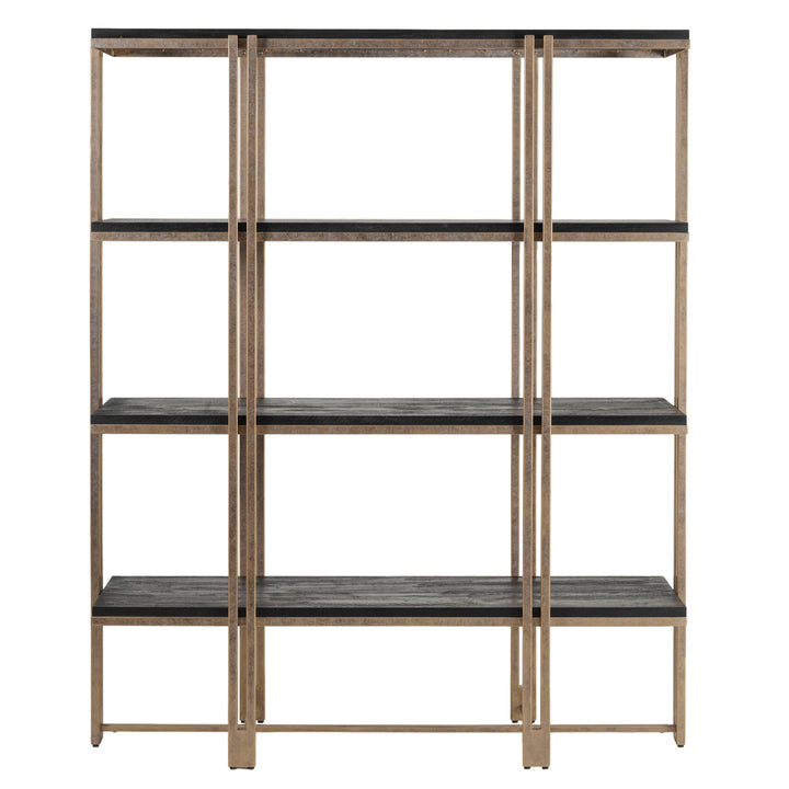 Bookshelf with metal frame and wooden shelves on a white background