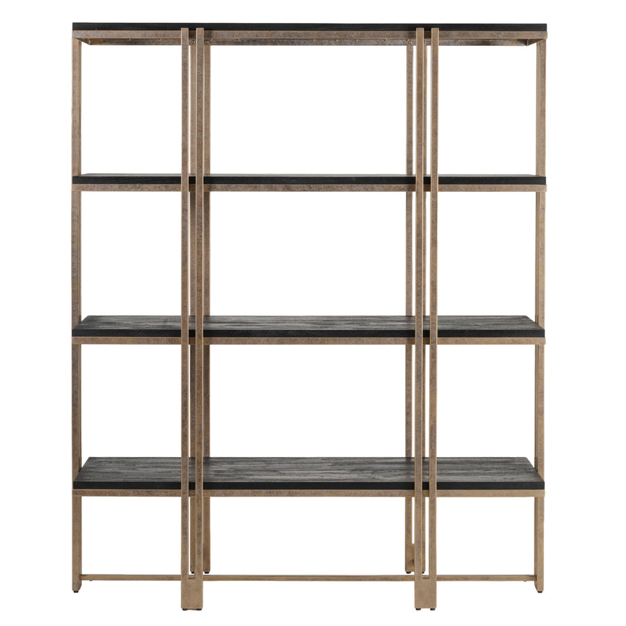 Bookshelf with metal frame and wooden shelves on a white background