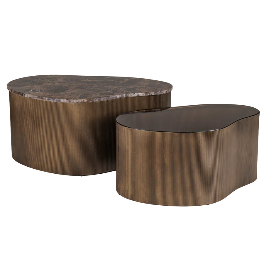 Two bronze-colored coffee tables with marble top on a white background
