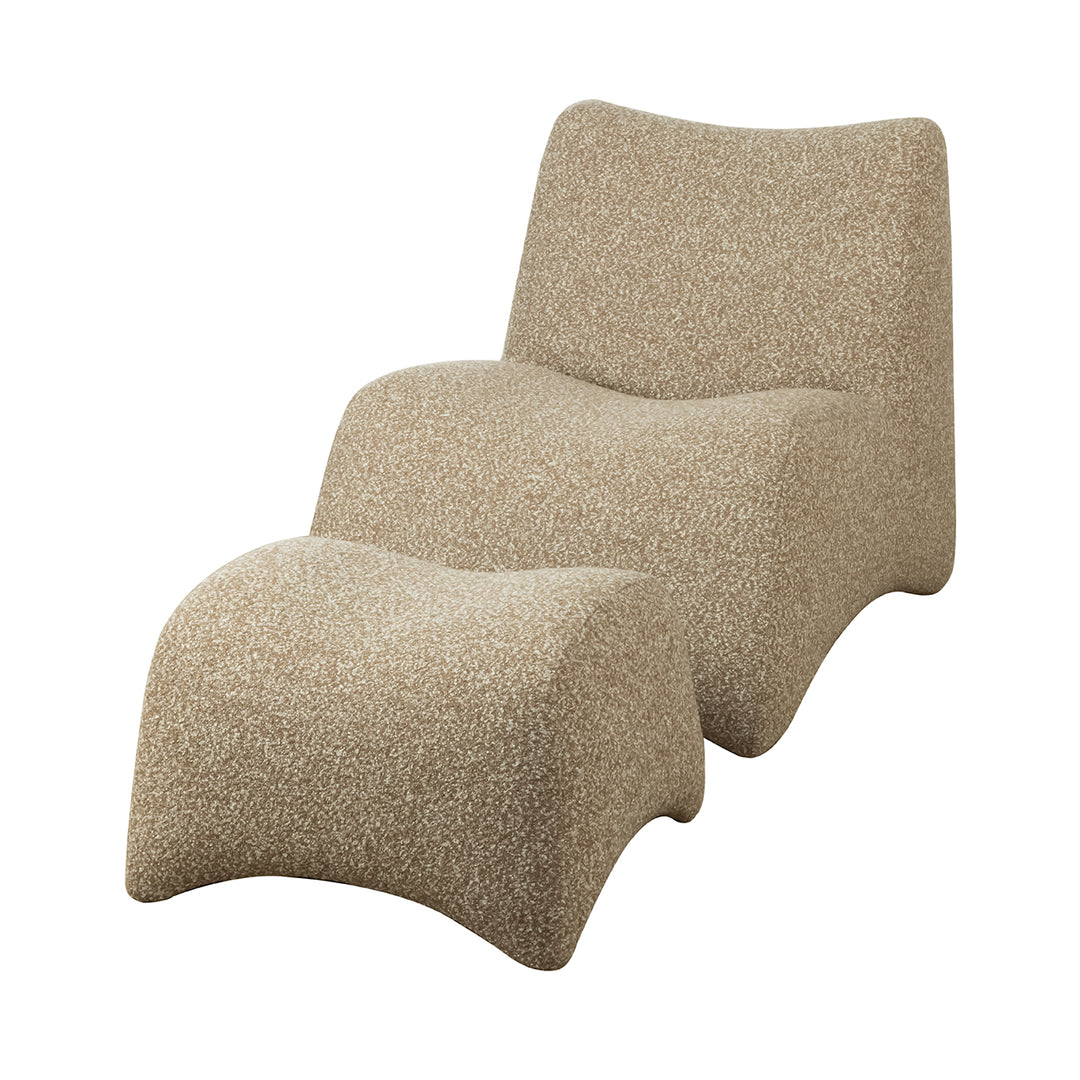 Beige textured chair and ottoman set on a white background