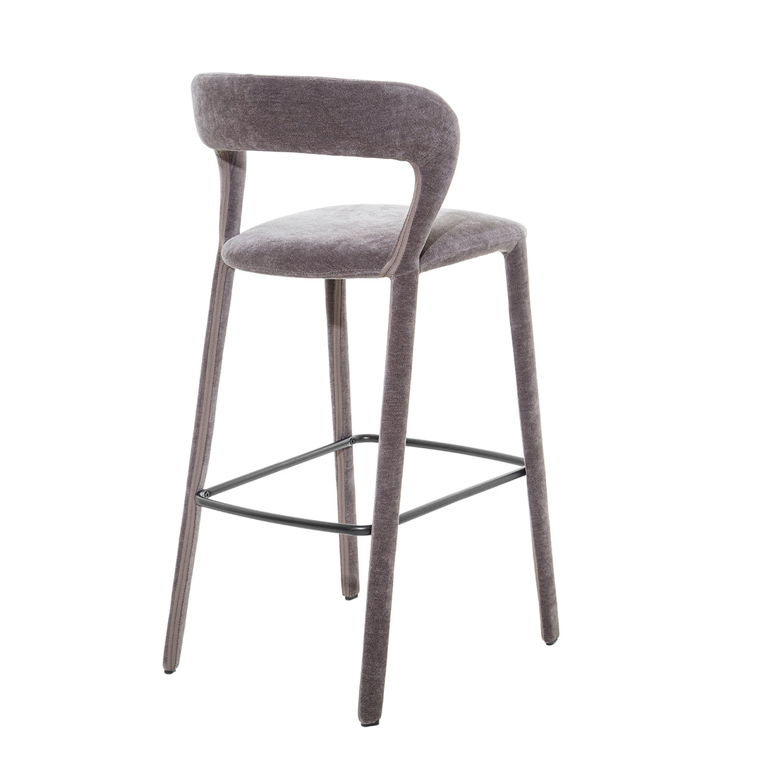 Gray bar stool with a cushioned seat on a white background