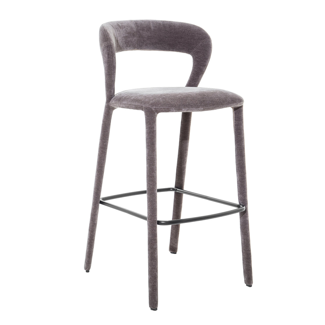 Gray bar stool with a black metal frame on a white background