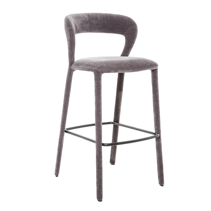 Gray bar stool with a black metal frame on a white background