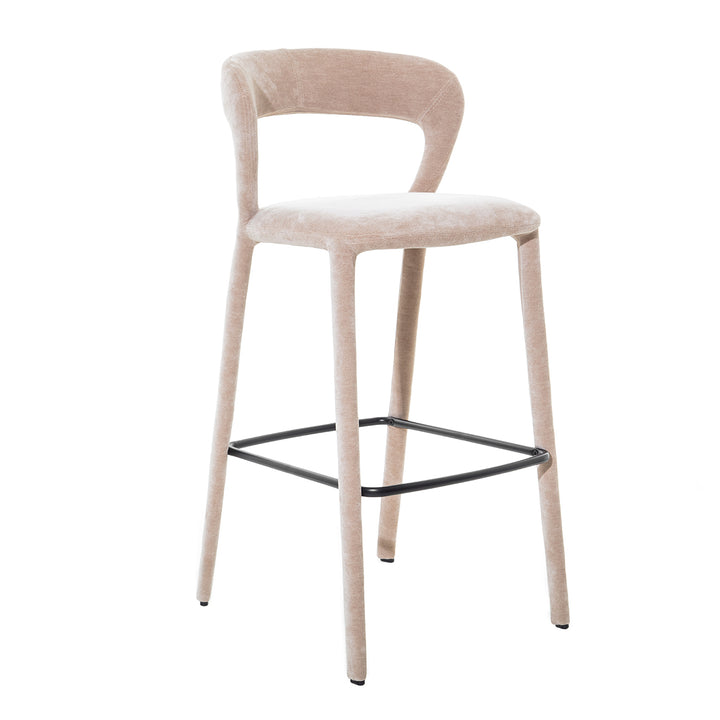 Beige bar stool with a white cushion on a white background