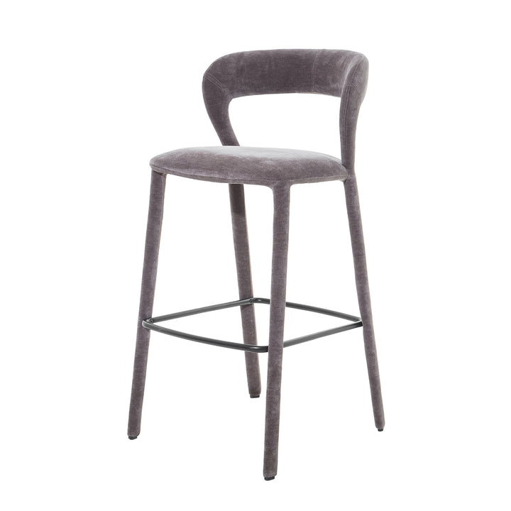 Gray bar stool with a black metal frame on a white background