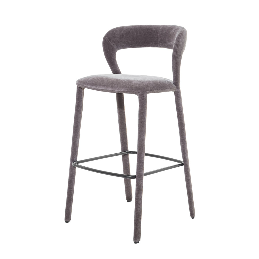Gray bar stool with a black metal frame on a white background