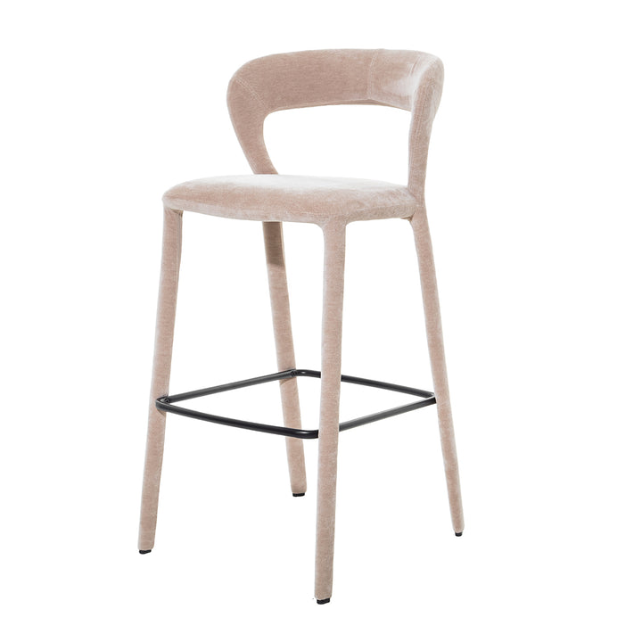 Beige bar stool with a black metal frame on a white background