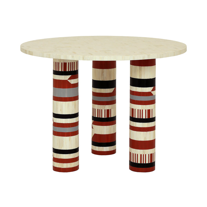 Round table with striped cylindrical legs on a white background