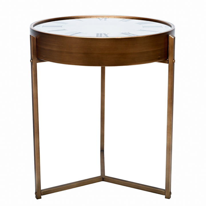 Wooden side table with round glass top on a white background