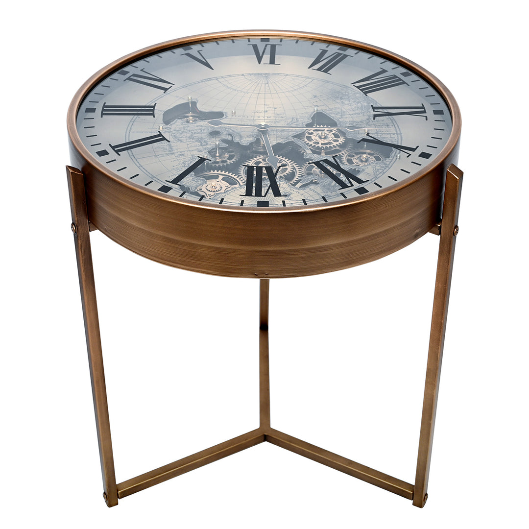 Round side table with clock face design on a white background