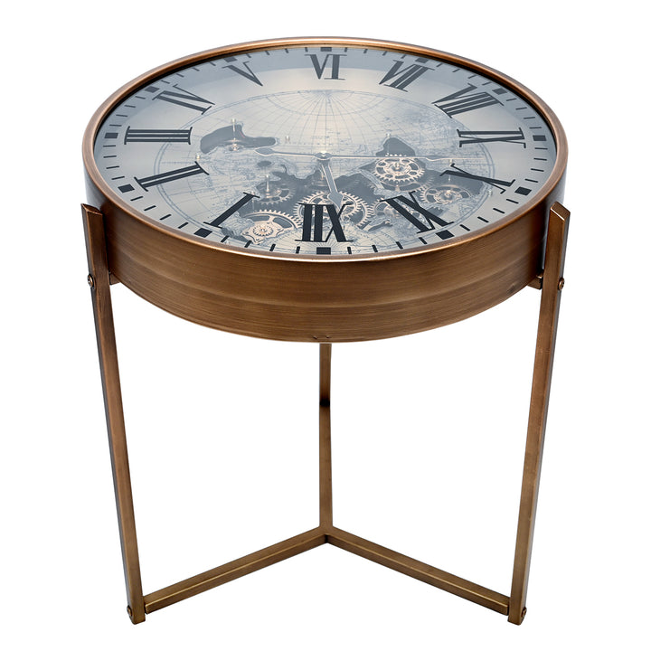 Round side table with clock face design on a white background