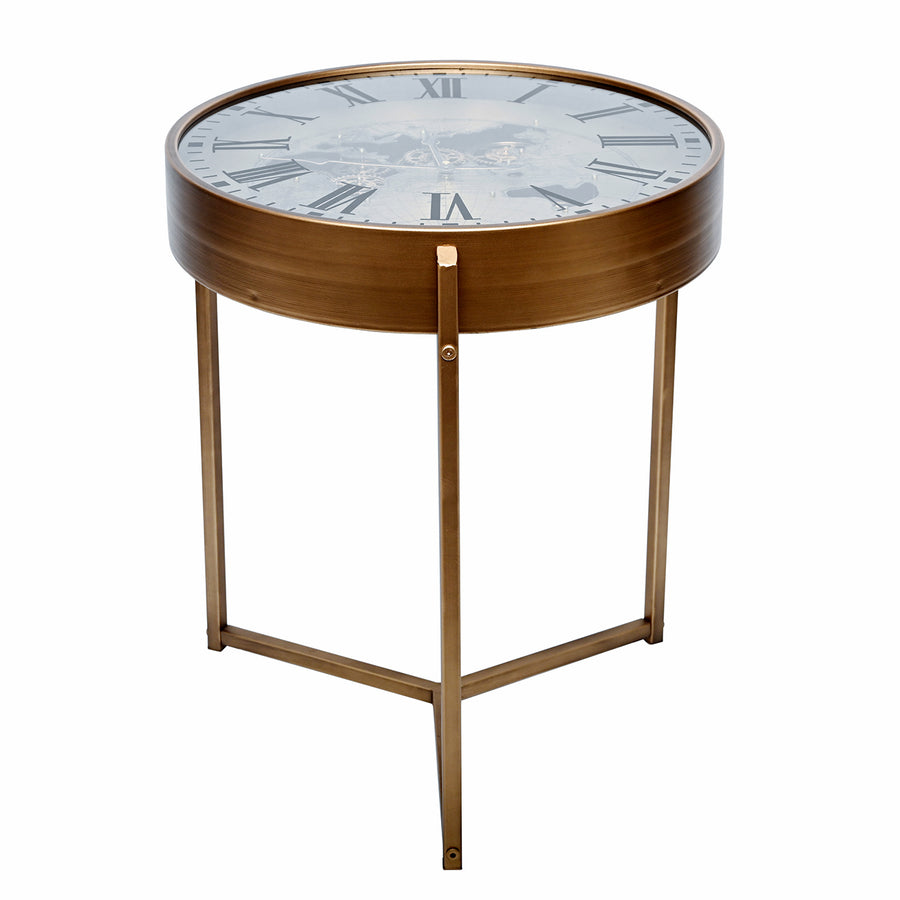 Round side table with clock face design on a white background