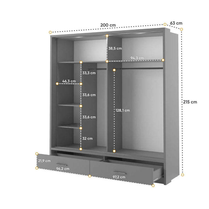 Isabella Sliding Door Wardrobe 200cm Grey Matt With LED Lights