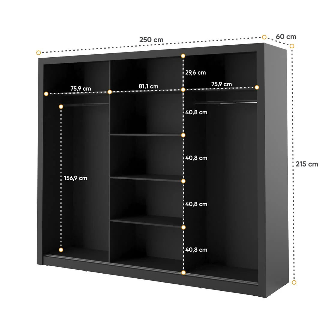 Isabella Sliding Mirrored Door Black Wardrobe 250cm