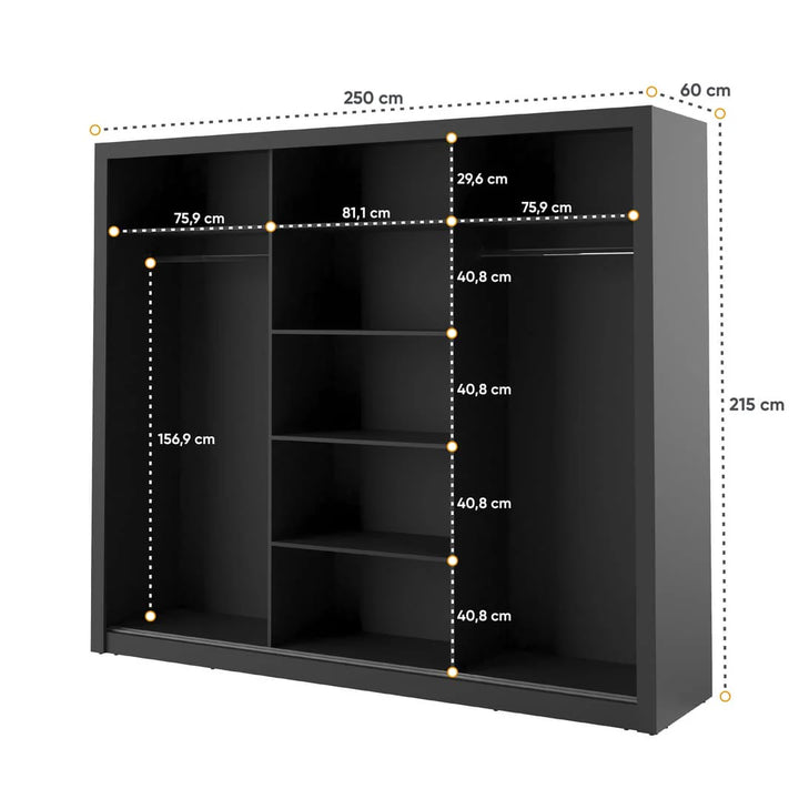 Isabella Sliding Mirrored Door Black Wardrobe 250cm